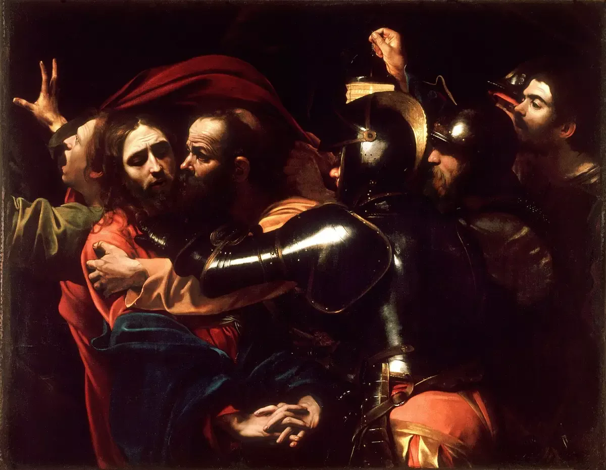 Caravaggio’nun İsa’nın Yakalanışı tablosu: karanlık bir zeminde Yahuda İsa’yı öperken zırhlı askerler İsa’yı yakalıyor, solda bir öğrenci bağırarak kaçıyor