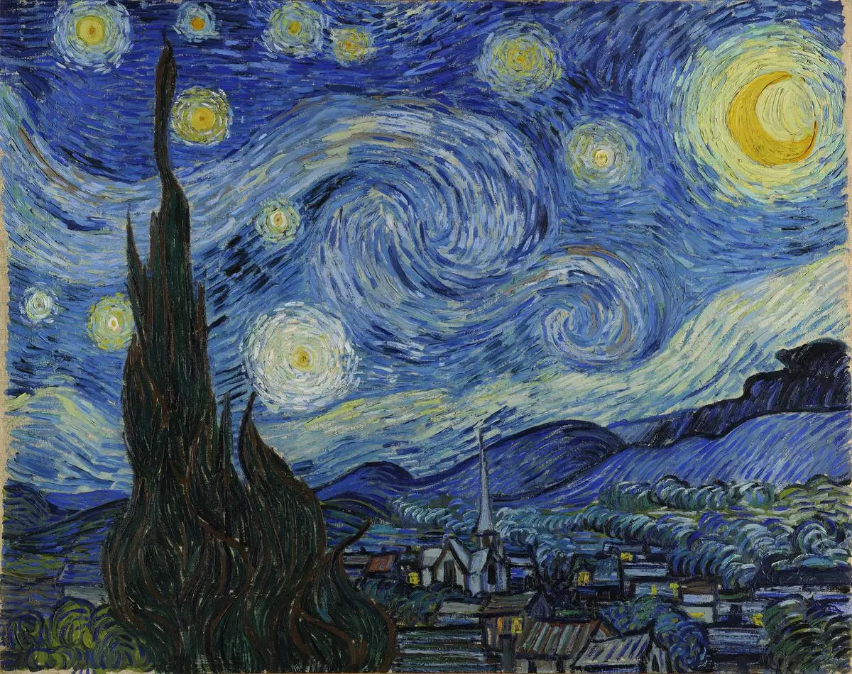 Vincent van Gogh’un Yıldızlı Gece tablosu; girdaplı mavi gökyüzü, parlayan yıldızlar, hilal, öndeki selvi ağacı ve uyuyan köy