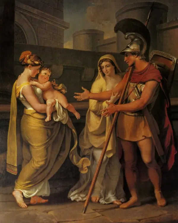 Johann Heinrich Wilhelm Tischbein’ın tablosunda miğferli Hektor, kucağında bebeğini tutan Andromakhe ile vedalaşıyor
