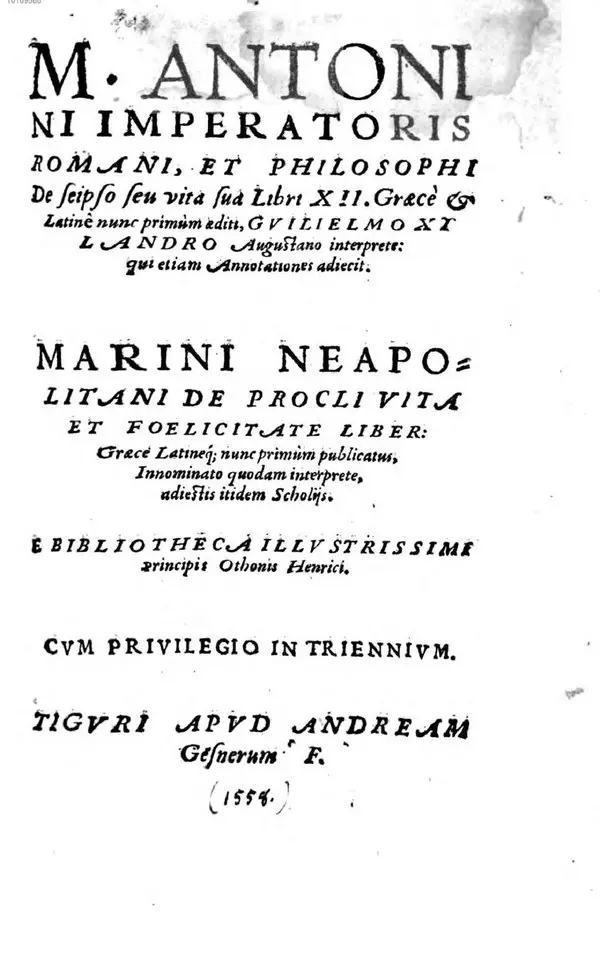 Marcus Aurelius’un Kendime Düşünceler kitabının 1558’de Zürih’te basılan ilk baskısının Latince başlık sayfası