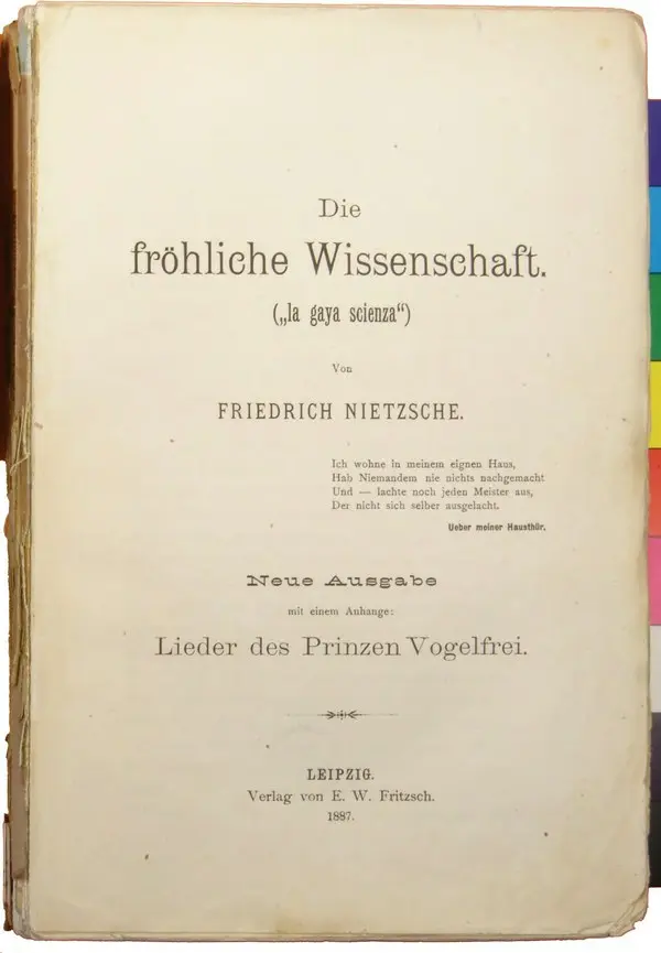 Nietzsche’nin Die fröhliche Wissenschaft kitabının 1887 tarihli yeni baskısının sararmış başlık sayfası