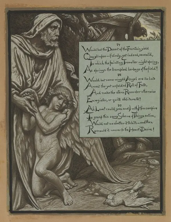 Elihu Vedder’in Rubaiyat için çizdiği The Sorry Scheme: kukuletalı yaşlı bir figür ve yanında dörtlüğün yazılı olduğu levha