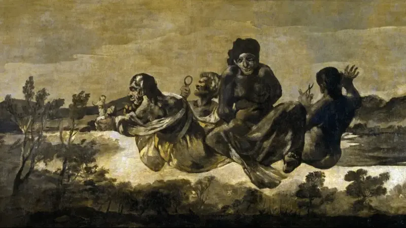 Francisco Goya’nın Atropos tablosu: bir manzaranın üzerinde havada süzülen kader tanrıçaları ve elleri arkadan bağlı bir adam
