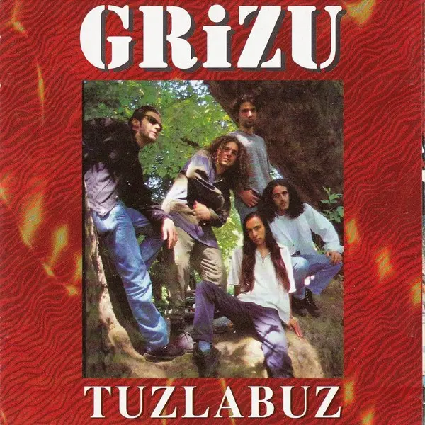 Grizu’nun 1996 tarihli Tuzla Buz albüm kapağı; kırmızı zeminde ağaçlık bir alanda poz veren grup üyeleri