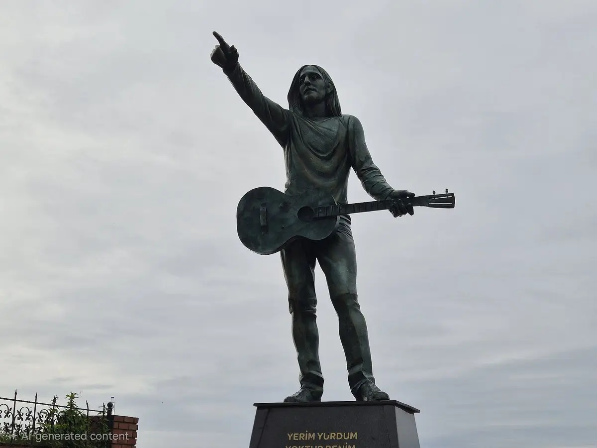 Bir elinde gitar tutan, diğer elini havaya kaldırıp ileriyi işaret eden Kazım Koyuncu heykeli, bulutlu gökyüzü önünde