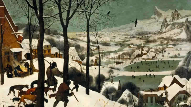 Yaşlı Pieter Bruegel’in “Karda Avcılar” tablosunda karla örtülü bir tepeden köpekleriyle köye dönen avcılar, yapraksız ağaçlarda kargalar, aşağıda donmuş göllerde kayan insanlar ve uzakta karlı sivri dağlar