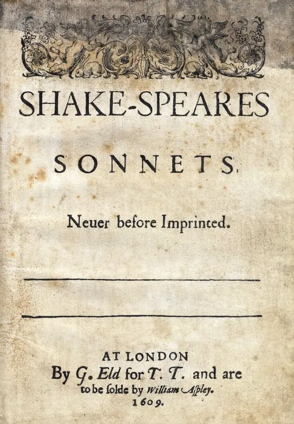 Shakespeare’in sonelerinin 1609 tarihli ilk baskısının başlık sayfası: SHAKE-SPEARES SONNETS ve Neuer before Imprinted yazıları, altta At London 1609