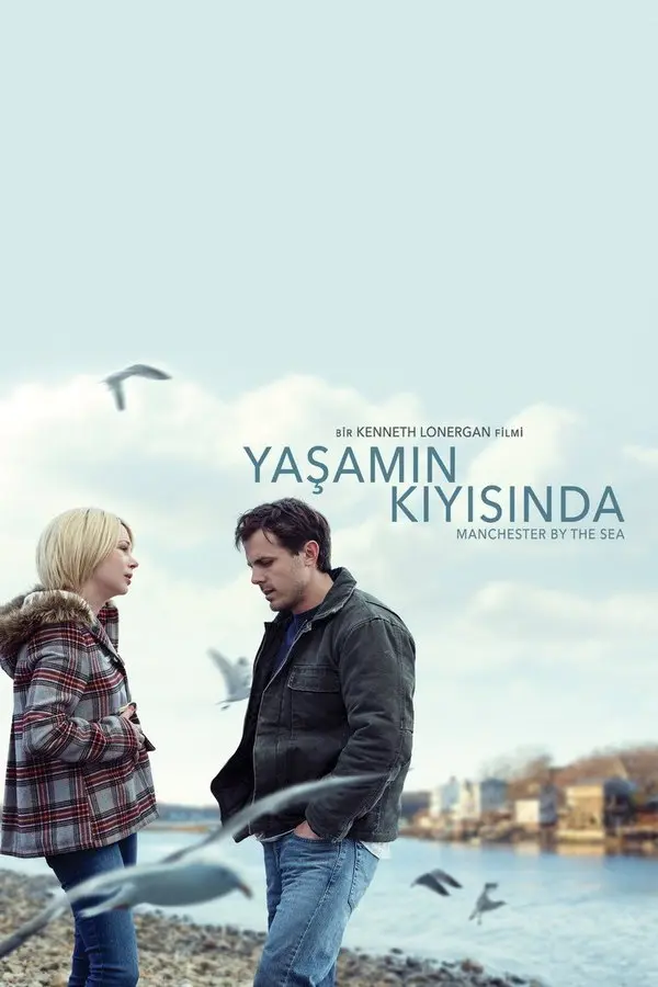 Yaşamın Kıyısında filminin Türkçe afişi: kıyıda martıların uçuştuğu bir rıhtımda ekose ceketli bir kadınla koyu montlu bir adam karşı karşıya duruyor; üstte YAŞAMIN KIYISINDA yazısı