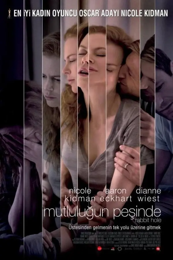 Mutluluğun Peşinde filminin Türkçe afişi: dikey şeritlere bölünmüş görüntülerde Nicole Kidman ve Aaron Eckhart’ın farklı anları; altta mutluluğun peşinde yazısı
