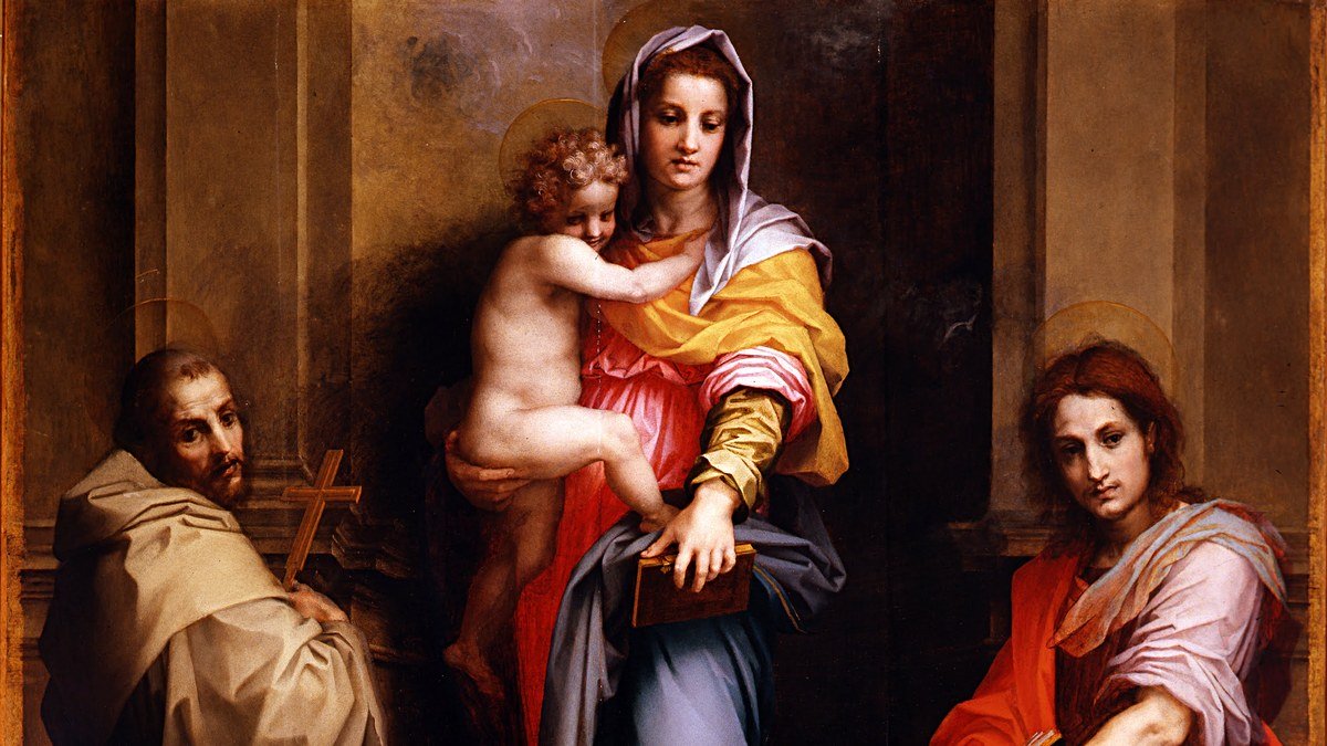 Kürk Mantolu Madonna alıntıları için Raif Efendi'nin Maria Puder'i benzettiği Andrea del Sarto'nun Madonna delle Arpie tablosundan Meryem ve çocuk İsa detayı
