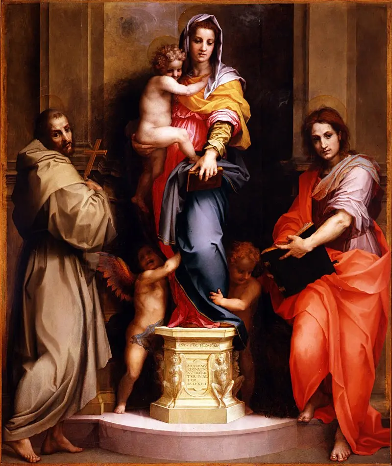 Andrea del Sarto’nun Madonna delle Arpie tablosu: yüksek bir kaidenin üzerinde kucağında çocuk İsa’yı tutan Meryem, iki yanında ayakta duran iki aziz