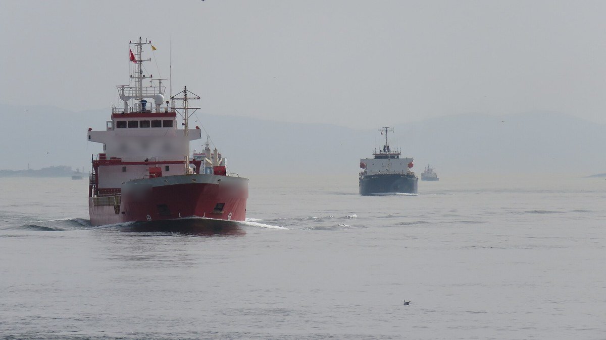 Puslu bir günde İstanbul Boğazı'ndan geçen kırmızı gövdeli bir kuru yük gemisi ve arkasındaki diğer gemiler