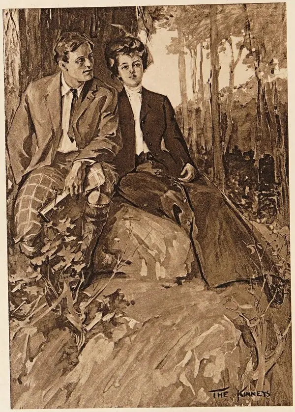 Martin Eden romanının 1909 baskısındaki ön resim: ormanlık bir yamaçta yan yana oturup dalgın dalgın uzaklara bakan Martin ile Ruth