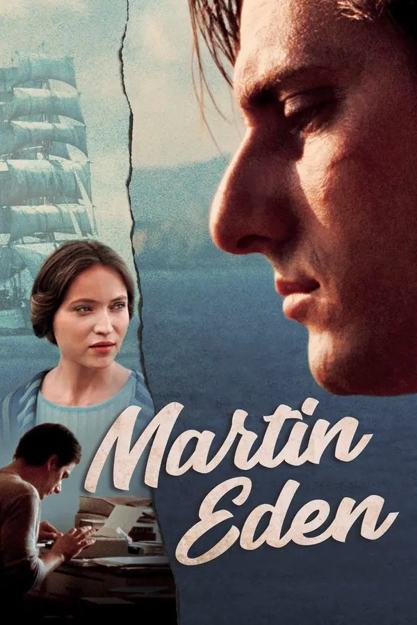Martin Eden (2019) filminin afişi: Martin rolündeki Luca Marinelli’nin profili, genç bir kadın ve daktilo başında yazan Martin