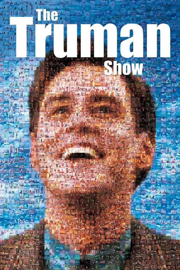 Truman Show filminin afişi: yüzlerce küçük televizyon karesinden oluşan mozaikle çizilmiş gülümseyen Jim Carrey portresi; üstte The Truman Show yazısı