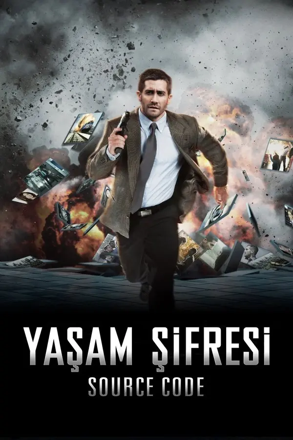Yaşam Şifresi filminin Türkçe afişi: arkasındaki patlamadan elinde silahla koşarak uzaklaşan Jake Gyllenhaal; altta YAŞAM ŞİFRESİ ve SOURCE CODE yazıları