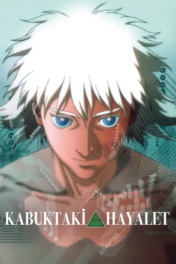 Ghost in the Shell filminin Türkçe afişi: beyaz saçlı, iri mavi gözlü siborg ajan Binbaşı Motoko Kusanagi'nin yakın plan çizimi; altta KABUKTAKİ HAYALET yazısı