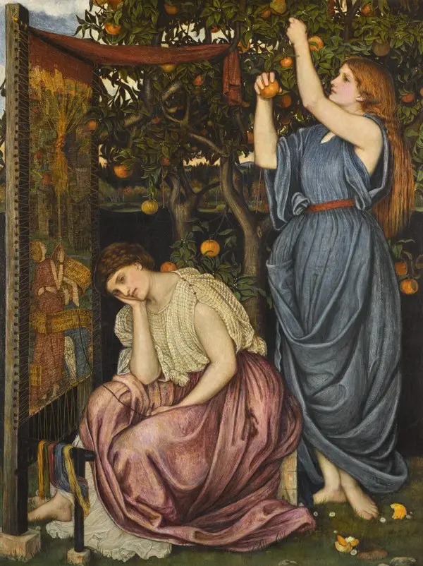 John Roddam Spencer Stanhope'un Penelope tablosu: dokuma tezgâhının önünde başını eline yaslayıp dalgın bakan Penelope ve arkasında portakal ağacından meyve toplayan mavi elbiseli bir hizmetçi