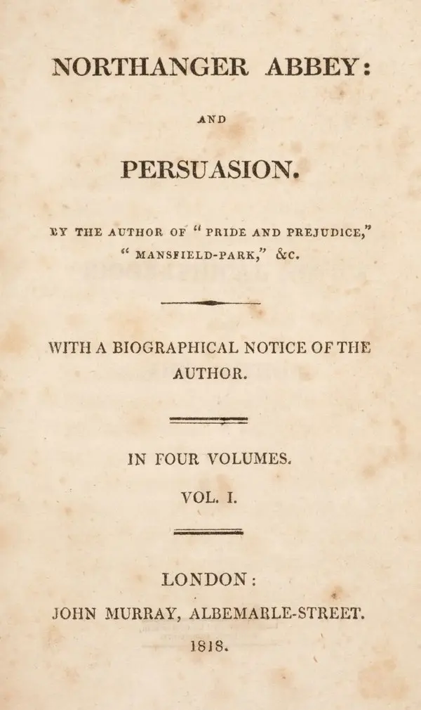 Jane Austen'ın Northanger Abbey ve Persuasion romanlarının 1818 tarihli ilk baskısının, Londra John Murray imzalı sararmış başlık sayfası