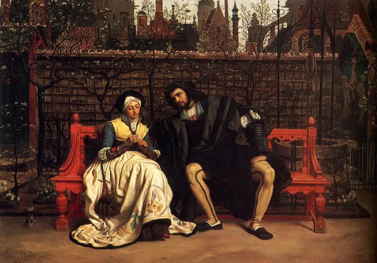 James Tissot'nun tablosu: duvarla çevrili bir orta çağ bahçesinde kırmızı bir bankta oturan Faust ve Margarete; başörtülü Margarete başını eğmiş, elindeki çiçeğin yapraklarıyla uğraşıyor, siyah giysili Faust ona doğru eğilmiş; arkada sivri kuleli binalar