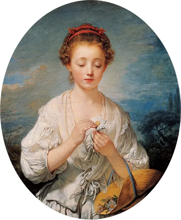 Jean-Baptiste Greuze'ün oval çerçeveli La Simplicité tablosu: saçlarında kırmızı kurdele olan, beyaz elbiseli genç bir kız başını eğmiş, iki eliyle tuttuğu papatyanın yapraklarını koparıyor; kucağındaki hasır şapkada başka çiçekler var