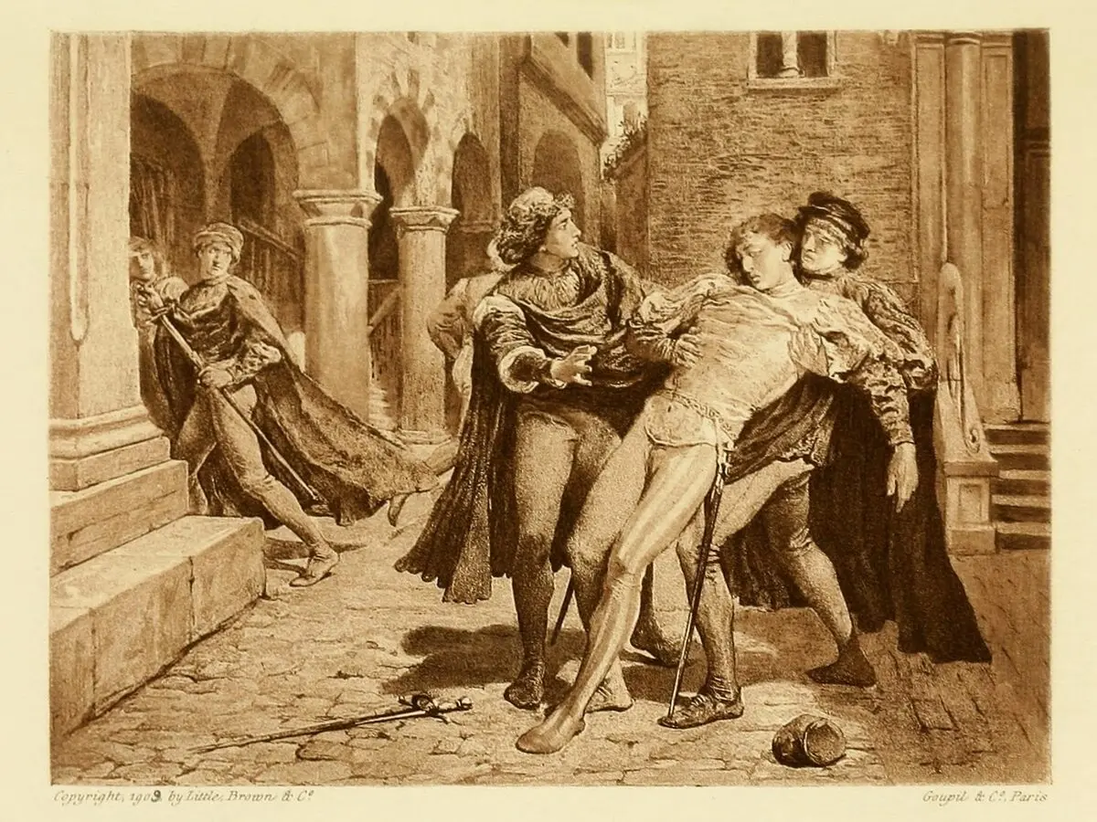 Frank Dicksee’nin Mercutio’nun ölümünü gösteren tablosunun sepya tonlu baskısı: taş kemerli bir sokakta yaralı Mercutio’yu iki dostu kollarından tutarak taşıyor, arkada kılıçlı adamlar görülüyor