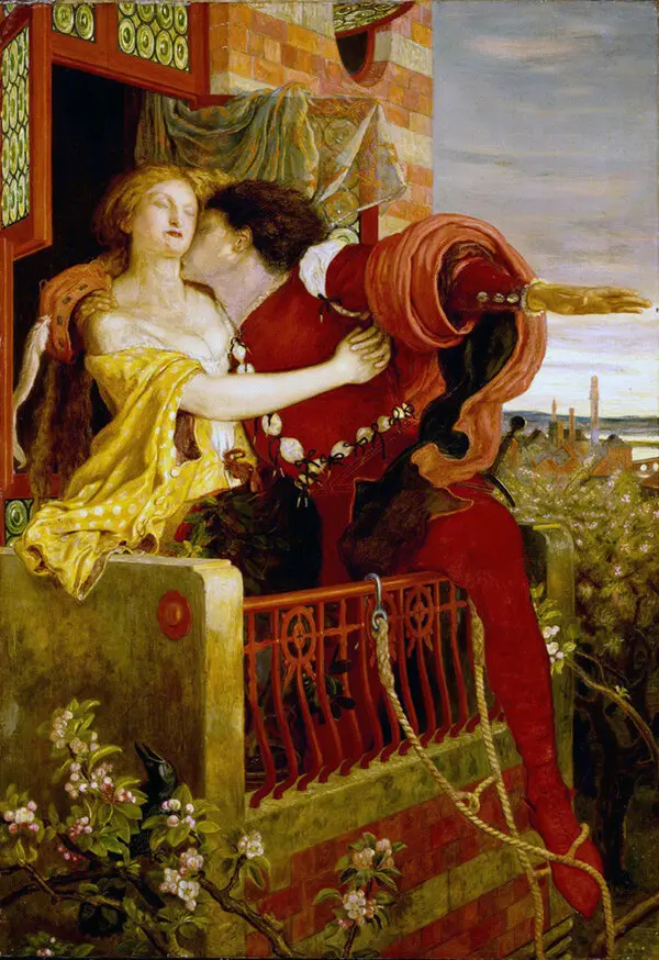 Ford Madox Brown’un tablosunda kırmızı giysili Romeo’nun balkon korkuluğunun üzerinden inmeye hazırlanırken sarı elbiseli Juliet’in boynunu öptüğü, arkada sabah ışığında kentin çatılarının göründüğü sahne