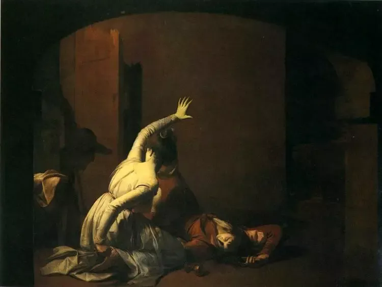 Joseph Wright of Derby’nin tablosunda karanlık bir mezar odasında, yerde yatan Romeo’nun yanında diz çökmüş Juliet’in elini havaya kaldırarak gelen seslere doğru döndüğü sahne
