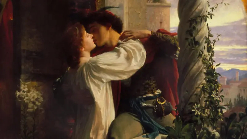 Frank Dicksee’nin tablosunda beyaz elbiseli Juliet ile kırmızı pelerinli Romeo’nun taş sütunlu bir balkonda sarılıp öpüştüğü, arkada gün batımı ışığında uzak tepelerin göründüğü sahne