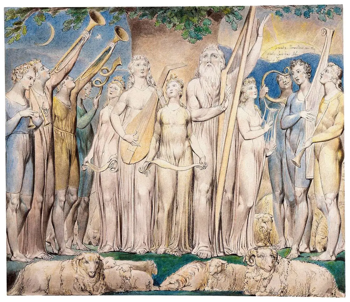 William Blake’in suluboya resmi: ayakta toplanmış Eyüp ve ailesi arp, lir ve borazan çalıyor, önlerinde koyunlar yatıyor