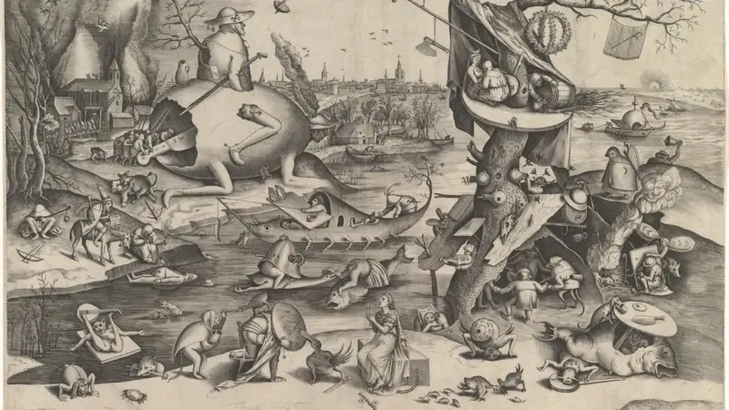 Pieter Bruegel’in Sabır gravürü: tuhaf yaratıklar ve yıkıntılar arasında bir sandığın üzerinde sakince oturan, kucağında kuzu tutan Sabır figürü