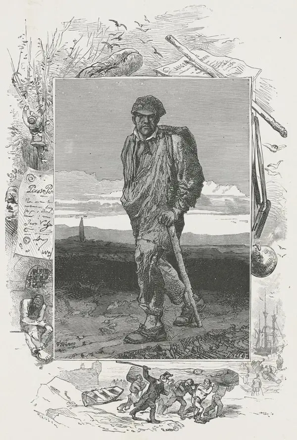 Gustave Brion’un 1862 tarihli gravüründe Jean Valjean; eski ceketi, sırtında torbası ve elinde sopasıyla ıssız bir kırda yürüyen, sert yüzlü bir adam; çevresinde kürek zinciri ve mahkûm figürlerinden oluşan süslemeler