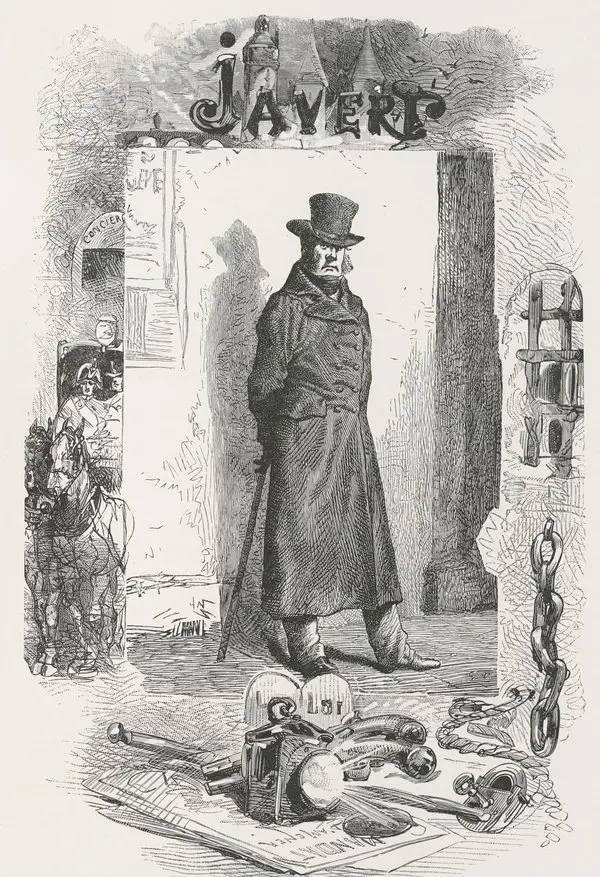 Gustave Brion’un 1862 tarihli gravüründe Müfettiş Javert; uzun redingotu ve silindir şapkasıyla bir kapının önünde dimdik duran adam, başlıkta süslü harflerle JAVERT yazısı, ayaklarının dibinde zincir ve prangalar
