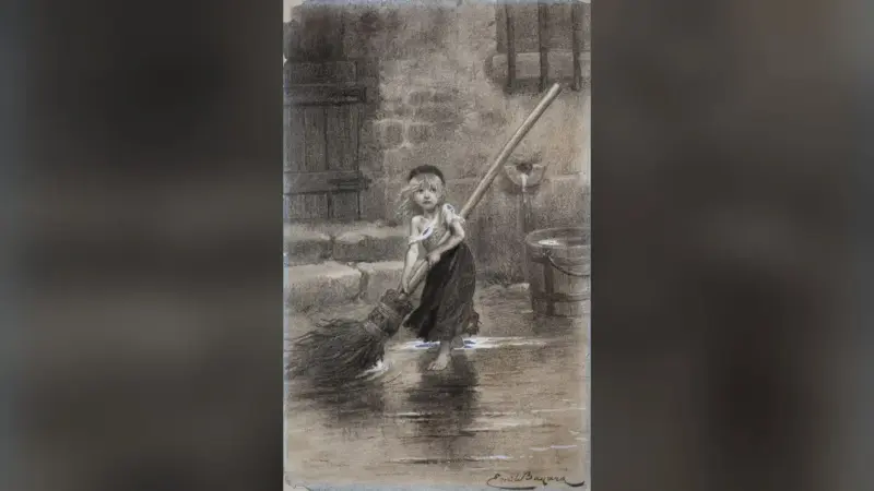 Émile Bayard’ın 1862 tarihli ünlü çiziminde, taş bir duvarın önünde ıslak zeminde kendisinden büyük bir süpürgeyle yer süpüren, yalınayak, dağınık saçlı küçük Cosette