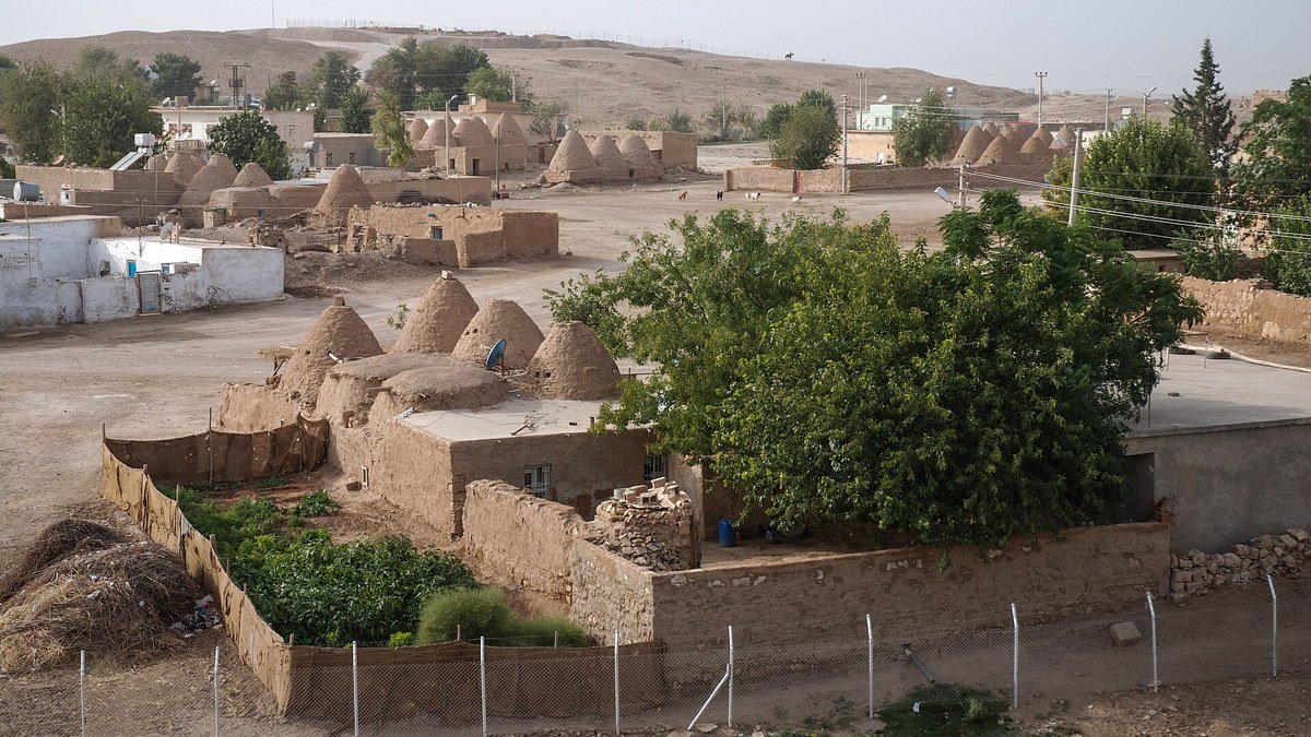 Şanlıurfa Harran'da kerpiç kubbeli evler, taş duvarlı bahçeler ve kurak bir köy manzarası