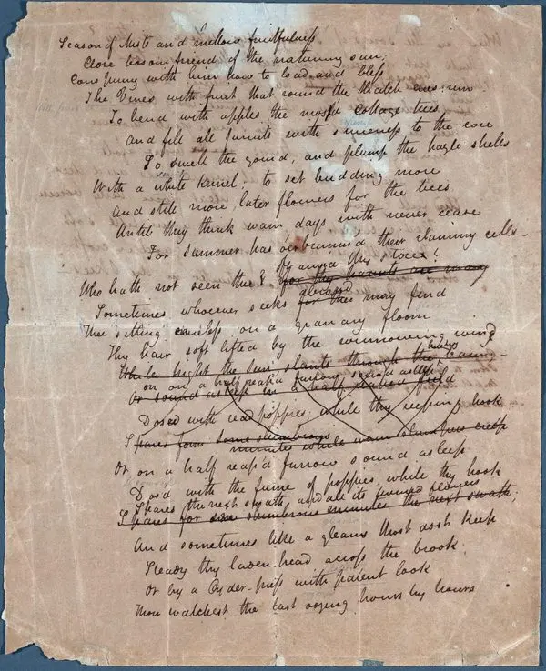 John Keats’in To Autumn şiirinin kendi el yazısıyla yazılmış, üstü çizili düzeltmeler içeren sararmış müsvedde sayfası