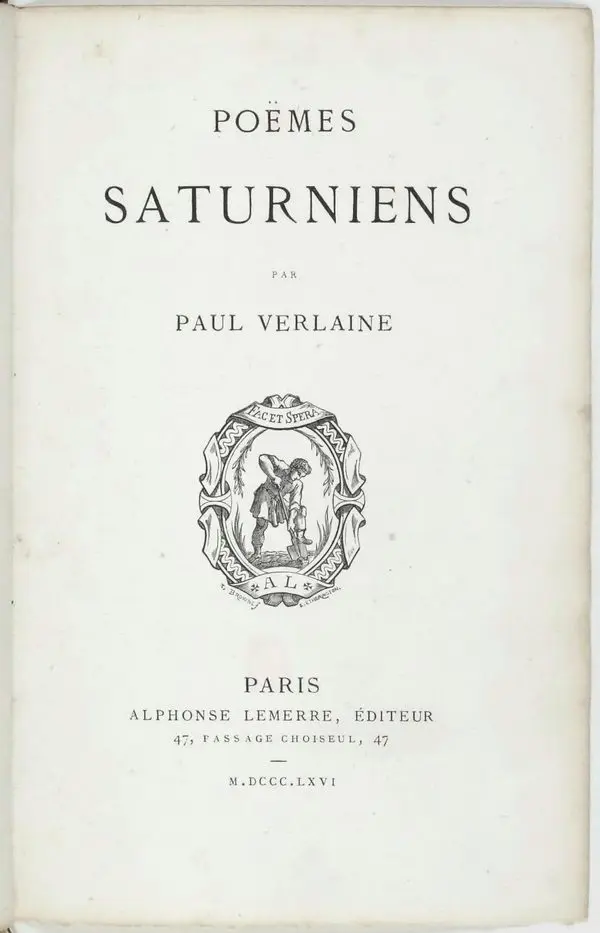 Paul Verlaine’in Poèmes saturniens kitabının 1866 tarihli ilk baskısının sararmış iç kapağı; ortada yayınevi amblemi ve altında Paris, Alphonse Lemerre yazısı