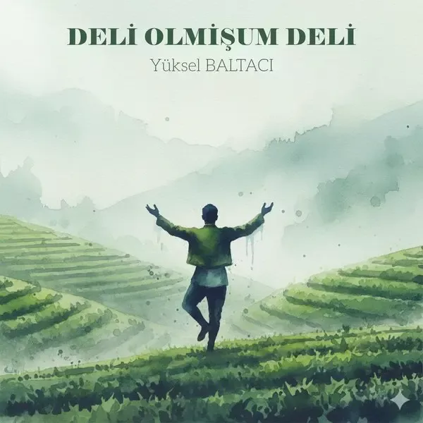 Yüksel Baltacı’nın Deli Olmişum Deli single kapağı; sisli yeşil çay bahçeleri arasında kollarını iki yana açmış bir adam figürü ve üstte şarkı adı
