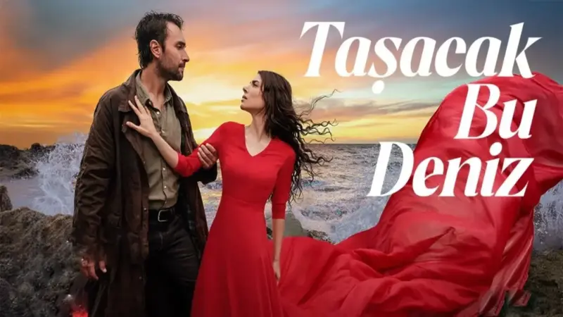 Taşacak Bu Deniz dizisinin resmî tanıtım görseli; gün batımında dalgaların kayalara çarptığı bir kıyıda, uzun kahverengi paltolu Adil’i canlandıran Ulaş Tuna Astepe ile rüzgârda savrulan kırmızı elbisesiyle Esme’yi canlandıran Deniz Baysal ve sağda beyaz harflerle dizinin adı
