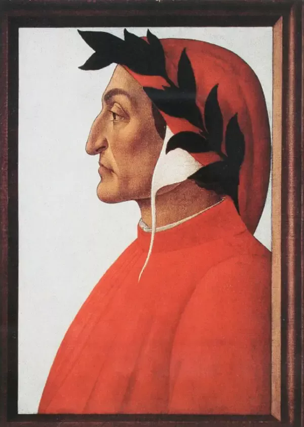 Kırmızı başlıklı ve kırmızı giysili Dante Alighieri'nin başında defne yapraklarıyla profilden görüldüğü Botticelli portresi