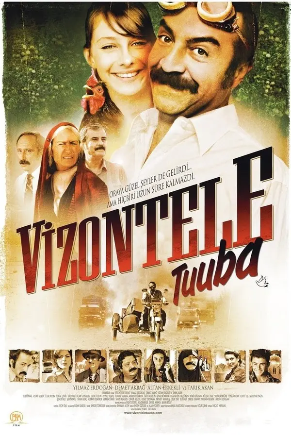 Vizontele Tuuba filminin resmi afişi: bıyıklı Deli Emin ile genç bir kadın, altta sepetli motosiklet ve oyuncuların fotoğrafları