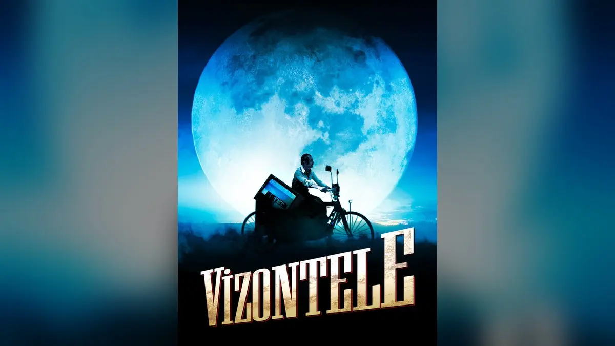 Vizontele filminin resmi afişi: dolunayın önünde bisikletinin arkasına televizyon yüklemiş bir adam ve altta Vizontele yazısı