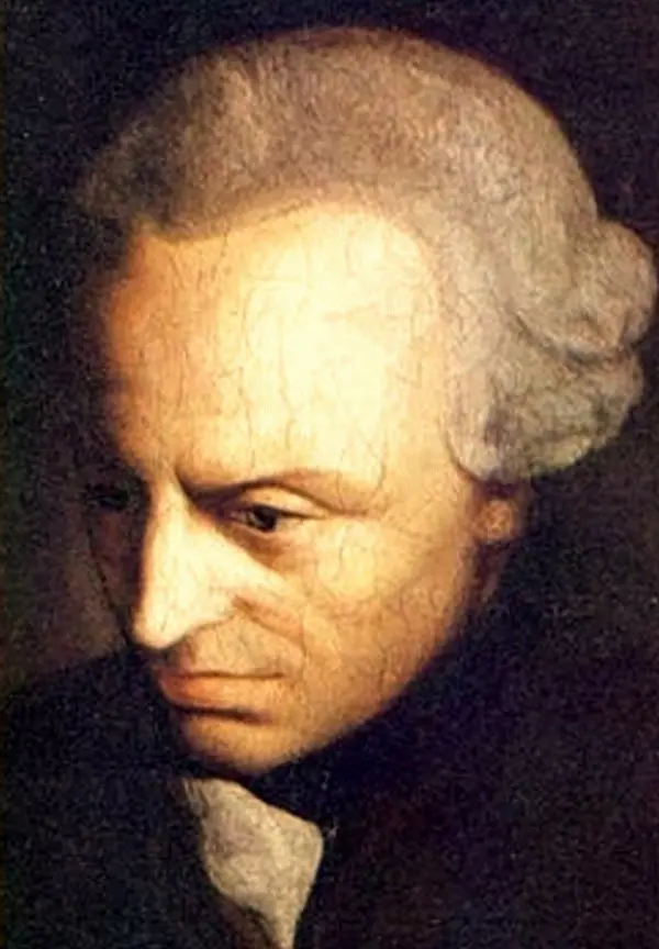 Kır saçları geriye taranmış Immanuel Kant'ın başını hafifçe öne eğerek aşağıya baktığı, koyu arka planlı yağlı boya portresi