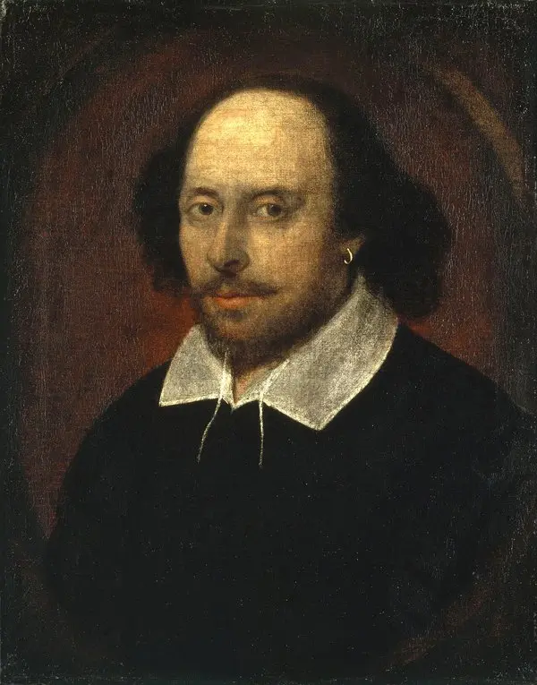 William Shakespeare'in siyah giysisi, beyaz yakası ve kulağındaki altın küpeyle koyu bir arka planın önünde resmedildiği Chandos portresi