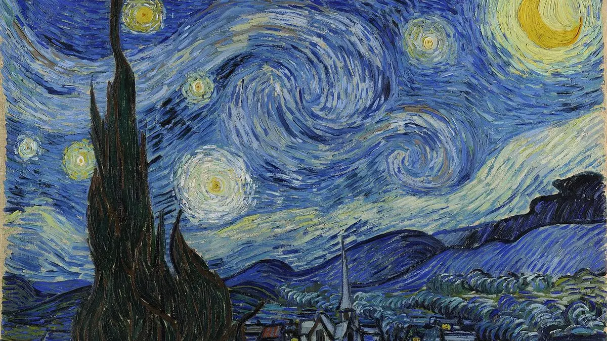 Vincent van Gogh'un Yıldızlı Gece tablosu: girdap gibi dönen mavi gece göğünde parlayan sarı yıldızlar ve hilal, önde koyu renkli büyük bir selvi ağacı, aşağıda sivri kuleli kilisesiyle küçük bir köy
