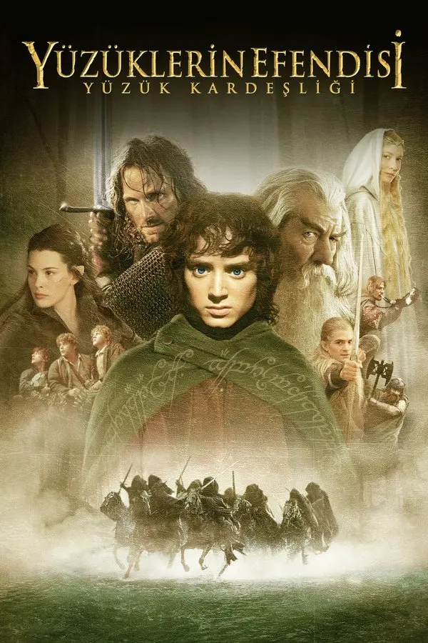 Yüzüklerin Efendisi: Yüzük Kardeşliği filminin Türkçe afişi: ortada Frodo, arkasında Aragorn, Gandalf, Arwen ve Galadriel, altta dörtnala koşan Kara Süvariler