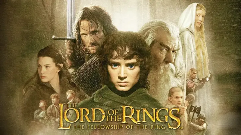Yüzüklerin Efendisi: Yüzük Kardeşliği tanıtım görseli: ortada yeşil pelerinli Frodo, çevresinde kılıçlı Aragorn, Gandalf, Arwen, Legolas ve Galadriel, altta The Lord of the Rings yazısı