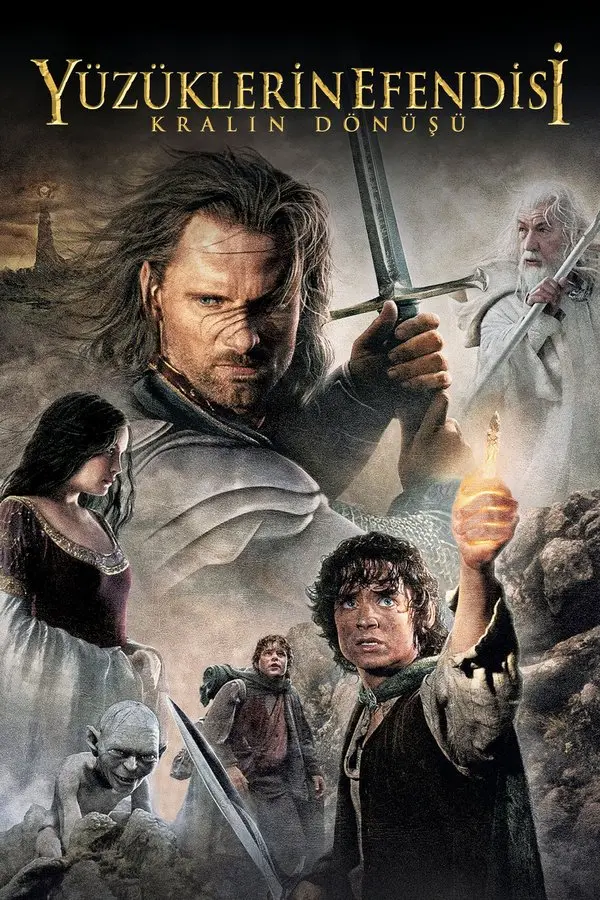 Yüzüklerin Efendisi: Kralın Dönüşü filminin Türkçe afişi: kılıcını tutan Aragorn, asasıyla Gandalf, Arwen, elindeki ışık saçan şişeyi kaldıran Frodo, Sam ve Gollum