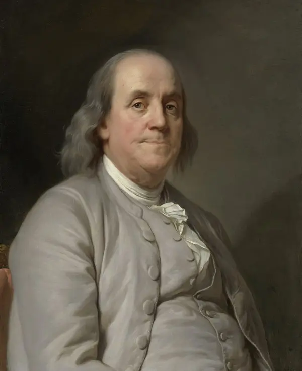 Joseph-Siffred Duplessis’nin 1778 tarihli Benjamin Franklin portresi: gri ceketli, beyaz saçlı Franklin hafif sola dönük